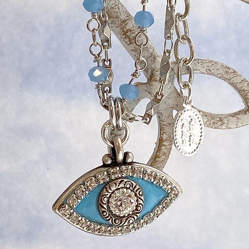 Michal Golan Sky Blue and Silver Evil Eye Necklace / Light Blue Evil Eye with Crystals / Handmade in NYC