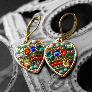 Handmade Heart Earrings with Rainbow Swarovski Crystals by Michal Golan. Plated in 24K Gold. Gifts for her. Valentine&#39;s Day Gift.