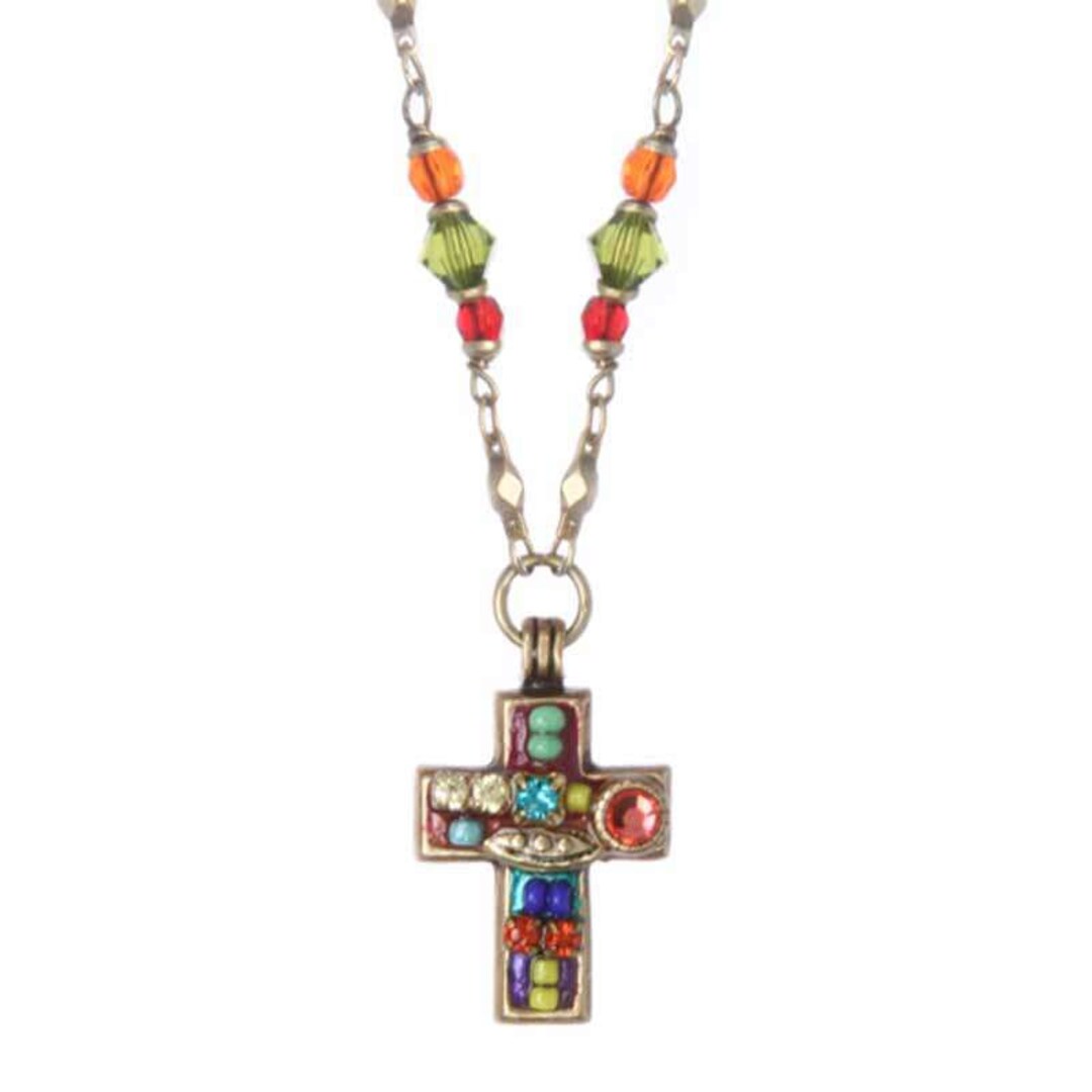 Tiny Multi Bright Crystal Cross Necklace on Semi Beaded
