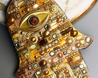 Michal Golan Tonal Earth-Color with Gold Accents Mosaic Wall Hamsa