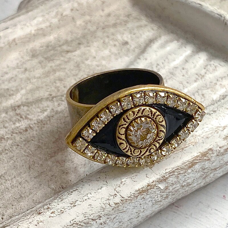 Glamorous Black and Gold Crystal Evil Eye Ring / Swarovski