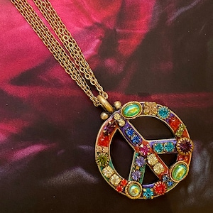 Michal Golan Multicolor Crystal Mosaic Peace Sign Necklace / Handmade in NYC with Genuine Swarovski Crystals