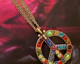 Michal Golan Multicolor Crystal Mosaic Peace Sign Necklace / Handmade in NYC with Genuine Swarovski Crystals