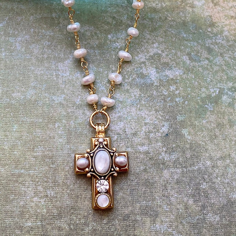 Tiny Freshwater Pearl Cross Necklace on Semi Beaded Chain. Delicate Gold Plated Cross Pendant Necklace, Handmade in NYC image 3