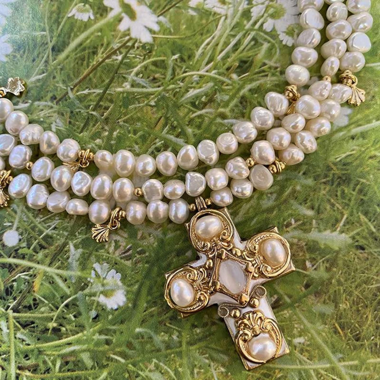 Gold and Pearl Triple Beaded Cross Necklace Delicate Gold Etsy
