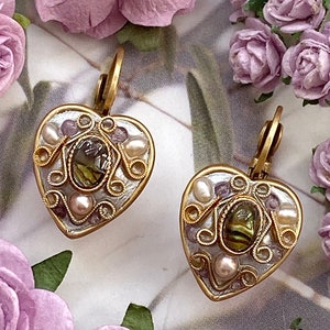 Michal Golan Antique Amethyst and Abalone Heart Earrings, Handmade in Our NYC Studio, Plated in 24k Gold