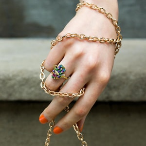 Black Multicolor Hamsa Ring. Vibrant and colorful Swarovski crystal ring, handmade in our NYC studio