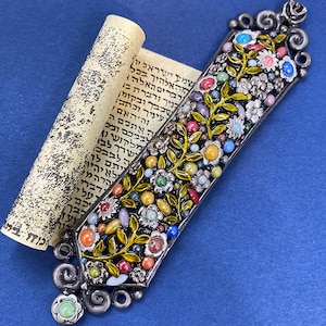 Multicolor Floral Crystal Mezuzah. Unique Handmade Jewish Home Decor. Perfect Bat Mitzvah or Birthday Gift