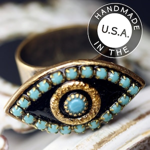 Michal Golan Gold and Turquoise Evil Eye Pendant Ring image 1