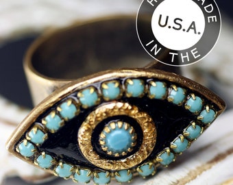 Michal Golan Gold and Turquoise Evil Eye Pendant Ring