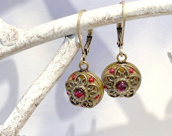 Michal Golan Antique Inspired Garnet and Gold Dangling Earrings
