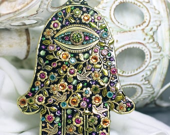 Decorative Wall Hamsa in Black and Gold Floral Motif. Housewarming gift // Home Decor.