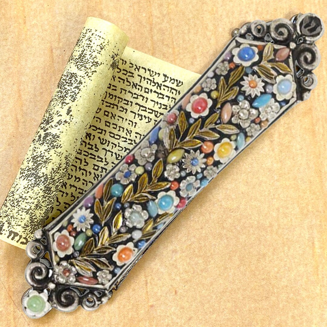 Multicolor Floral Mezuzah in Sterling Silver. Handcrafted Mezuzah Comes