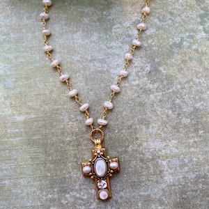 Tiny Freshwater Pearl Cross Necklace on Semi Beaded Chain. Delicate Gold Plated Cross Pendant Necklace, Handmade in NYC image 5