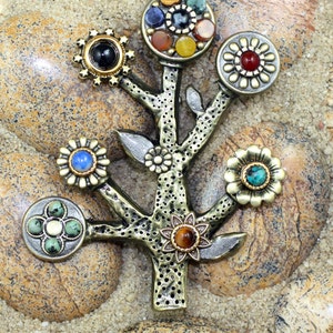 Handmade Tree of Life pin with semi-precious stones. Spiritual and Unique Brooch w. Jasper, Turquoise and Sodalite