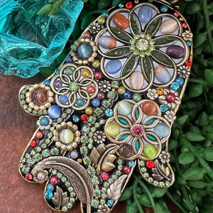 Floral Wall Hamsa with Crystals. Decorative Hand of Miriam or Hand of Fatima. Housewarming or Wedding gift.
