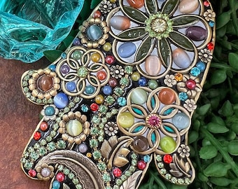 Floral Wall Hamsa with Crystals. Decorative Hand of Miriam or Hand of Fatima. Housewarming or Wedding gift.
