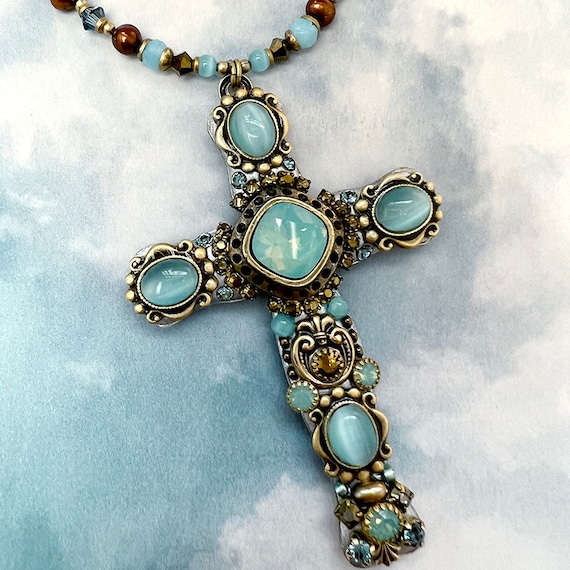 Michal Golan Two Strand Blue Catseye and Cross Necklace