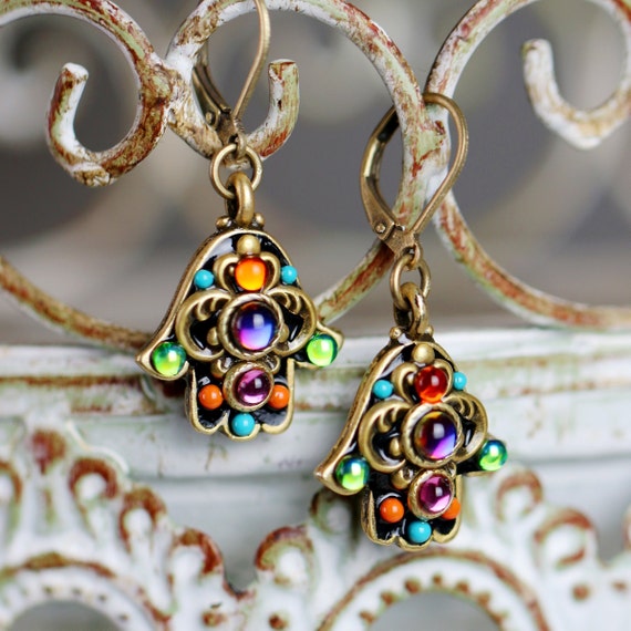 Michal Golan Kaleidoscope Hamsa Earrings. Rainbow Multicolor