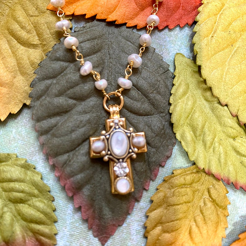 Tiny Freshwater Pearl Cross Necklace on Semi Beaded Chain. Delicate Gold Plated Cross Pendant Necklace, Handmade in NYC image 1
