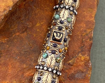 Gemstone and Gold Leaves Mezuzah. Unique Handmade Jewish Home Decor. Perfect in any room.