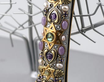 Traditional Handmade Mezuzah Case w/ Freshwater Pearl, Amethyst and Star of David Accents. Judaica by Michal Golan. Complete with scroll.