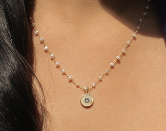 Delicate Mini Gold Evil Eye Pendant on Freshwater Pearl Necklace / Handmade Gold and Pearl Evil Eye Necklace / Trendy and Spiritual