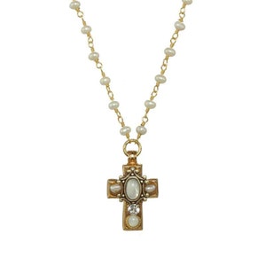 Tiny Freshwater Pearl Cross Necklace on Semi Beaded Chain. Delicate Gold Plated Cross Pendant Necklace, Handmade in NYC image 2