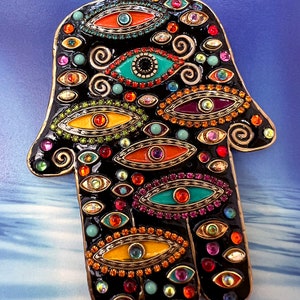 Multicolor Evil Eye Wall Hamsa. Unique, Handcrafted, Middle Eastern Inspired Decor.