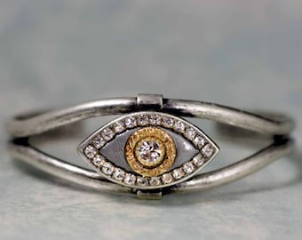 Evil Eye Cuff Bracelet in Silver and Gold with Swarovski Crystals by Michal Golan