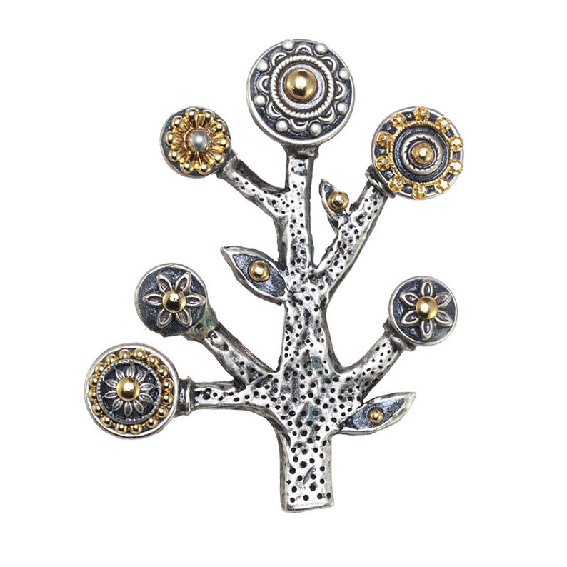 Handgemaakte zilveren en gouden levensboompin. Spirituele en unieke broche afbeelding 5