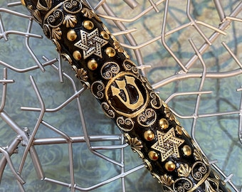 Black and Gold Star of David Mezuzah. Unique Handmade Jewish Home Decor. Perfect Bat Mitzvah or Birthday Gift