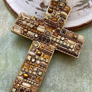 Gold and Pearl Mosaic Gemstone Wall Cross. Handmade in NYC with Swarovski Crystals
