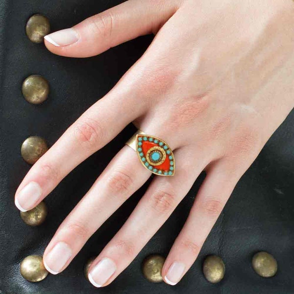 Michal Golan Turquoise and Coral Evil Eye Ring /Tropical Summer Look Gold Cocktail Ring / Adjustable Size / Handmade