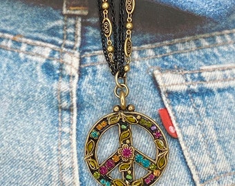 Michal Golan Midnight Garden Floral Peace Sign Necklace / Handmade in NYC with Genuine Swarovski Crystals