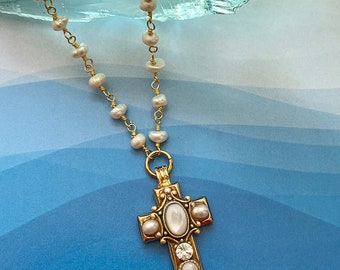 Freshwater Pearl Cross Necklace: Gold Plated Pendant, Handmade in NYC