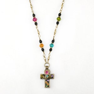 Michal Golan Small Black and Floral Cross Necklace
