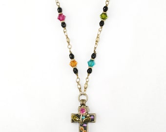Michal Golan Small Black and Floral Cross Necklace