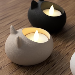 Portavelas de gato impreso en 3D | Portavelas moderno para velas LED | Regalo para amantes de los gatos