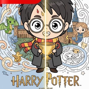 Puede incluir: Una colorida portada de un libro para colorear de Harry Potter Chibi con el texto "50 PAGES". La ilustración presenta un Harry Potter de dibujos animados sosteniendo un trofeo, con un castillo y otros personajes en el fondo. El título del libro es "Harry Potter and the Chibi Coloring Book".