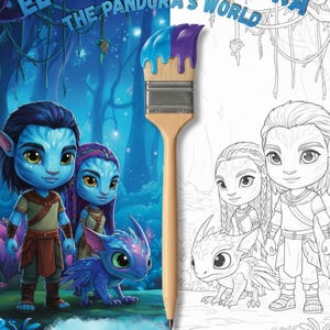 Puede incluir: Un libro para colorear titulado "El Mundo de Pandora / The Pandora's World" con 50 páginas. La portada presenta ilustraciones coloridas de personajes de Avatar a la izquierda y arte lineal a la derecha, con un pincel que divide los dos lados.