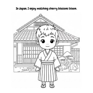 Puede incluir: Ilustración en blanco y negro de un niño con ropa tradicional japonesa, de pie frente a una casa japonesa. El texto en la parte superior dice: "En Japón, me gusta ver florecer los cerezos."
