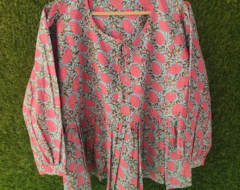 Pink Floral Cotton Peplum Top Boho Summer Tie Neck Blouse Women