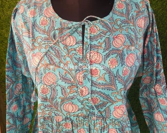 Botanical Dream - Exotic Pomegranate Blossom Floral Cotton Tunic – Summer Top for Women