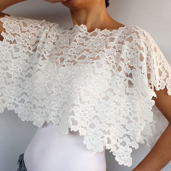 White lace bridal capelet, Shabby chic cape,  Wedding dress topper, Bridal shrug bolero, Shoulder cover up, Wedding crop top, Bridal shawl