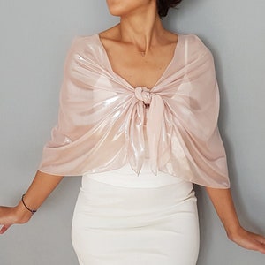 Metallic chiffon bridal shawl, Wedding dress cover up, Pastel pink shoulder wrap scarf, Dress cover up topper, Bride stole