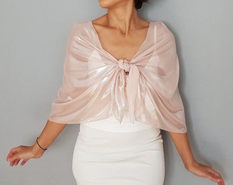Metallic chiffon bridal shawl, Wedding dress cover up, Pastel pink shoulder wrap scarf, Dress cover up topper, Bride stole