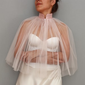 Blush pink tulle bridal capelet with satin collar, Sheer high neck wedding cape, Detachable gown topper, Elegant romantic bridal wrap