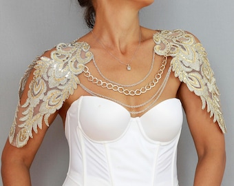 Bridal shoulder necklace, Gold sequin bridal cape, Wing sleeves wedding cape, wedding bolero, bridal shrug bolero, Shoulder jewelry necklace