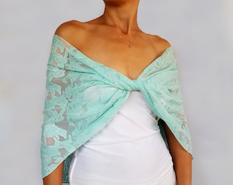 Mint green lace wedding dress topper, Bridal shawl wrap, Off the shoulder cover up stole, Mesh teal shrug bolero, Lace bridal infinity top